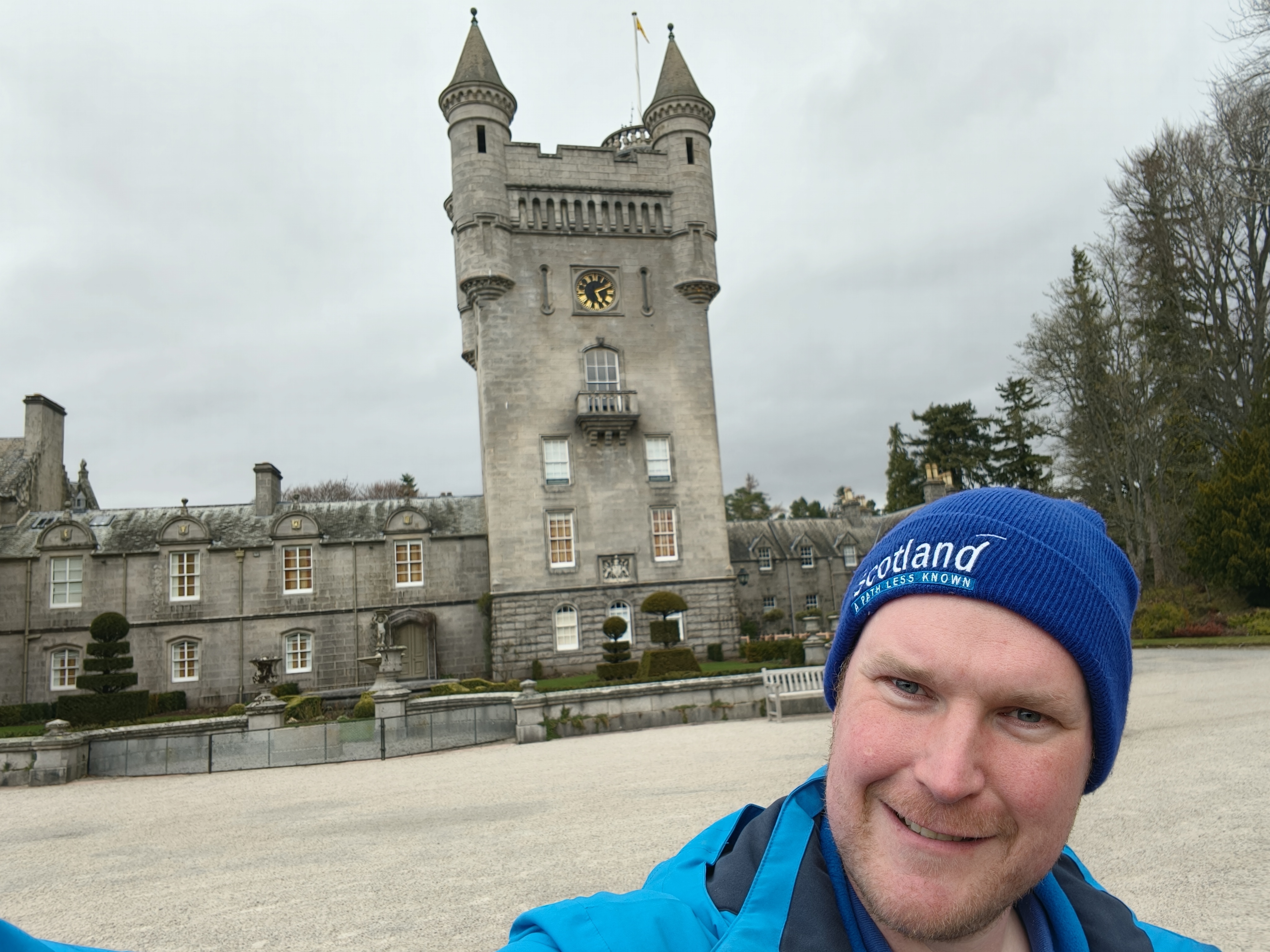 Jamie outside a castle in Aberdeenshire