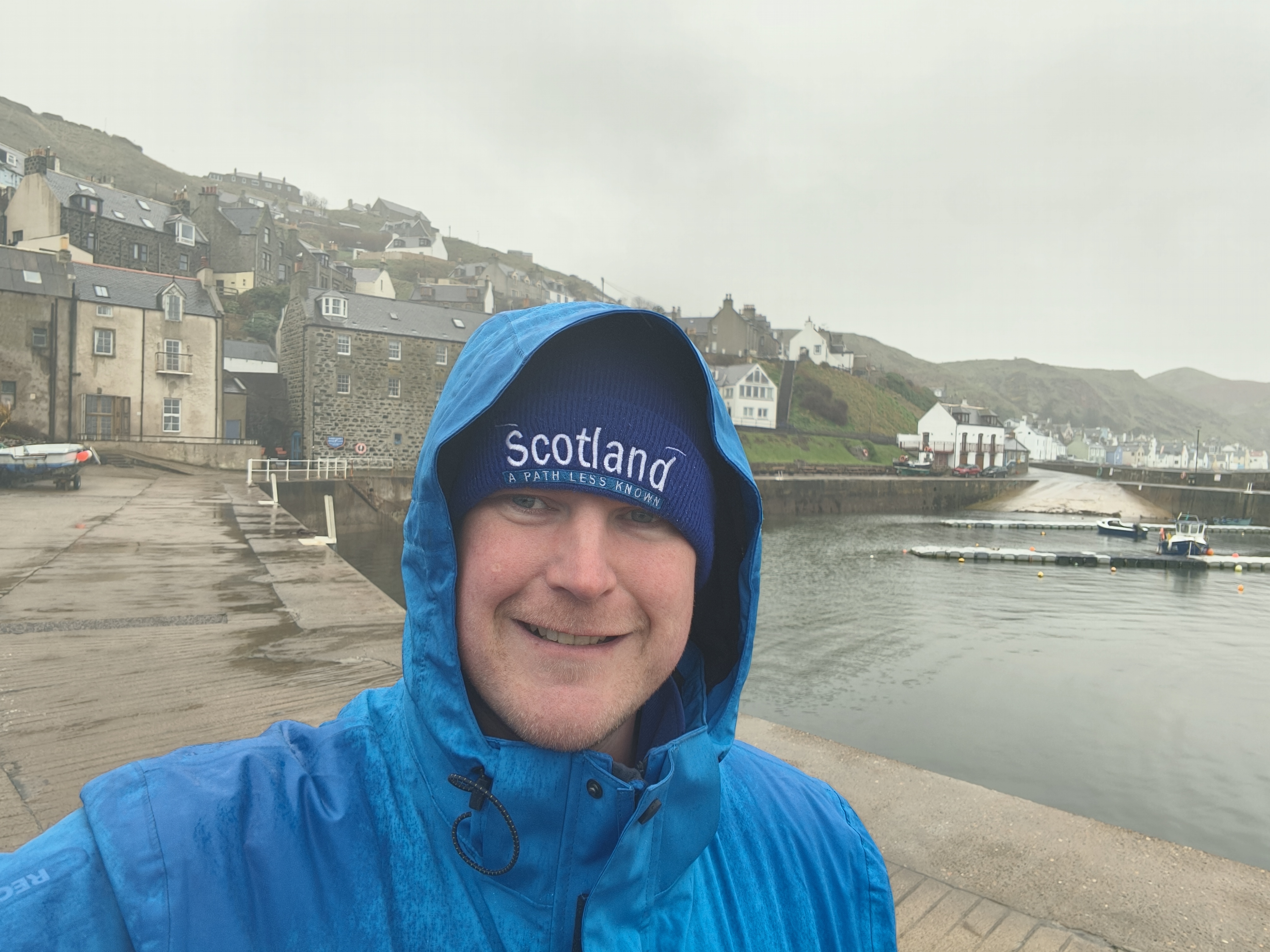 Jamie visiting Gardenstown harbour on a wet day