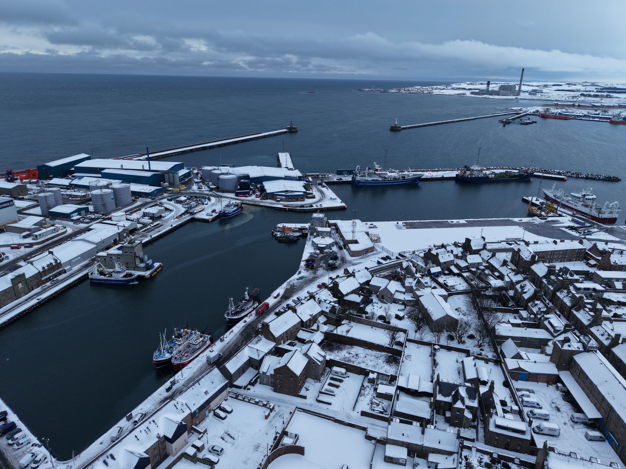 Winter aerial view of a Scottish harbour